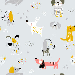 Fototapety  Dziecinna wzór z ręcznie rysowane psy. Modny skandynawski wektor tle. Idealny do odzieży dziecięcej, tkaniny, tekstyliów, dekoracji przedszkola, papieru do pakowania