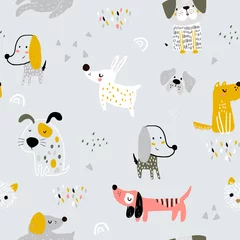 Gordijnen Kinderachtig naadloos patroon met hand getrokken honden. Trendy Scandinavische vector achtergrond. Perfect voor kinderkleding, stof, textiel, kinderkamerdecoratie, inpakpapier © solodkayamari