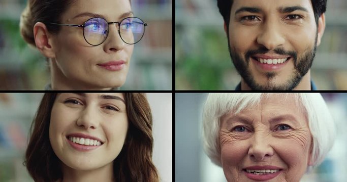 Multiscreen on happy Caucasian people of different ages. Bearded man with smile on face. Woman in glasses looking away. Pretty girl smiling to camera. Old lady in good mood. Close up concept
