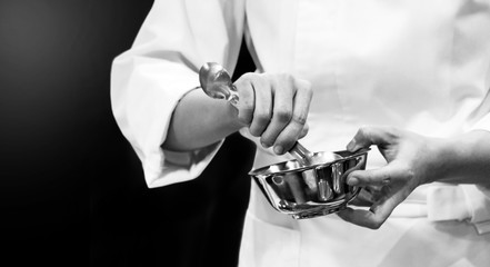 Chef preparing food, meal, in the kitchen, chef cooking, Chef decorating dish