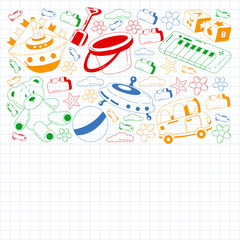 Children online education. Kindergarten vector pattern with toys.