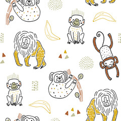 Seamless pattern with hand drawn funny monkey, bananas and hand drawn textures. Childish texture for fabric, textile,apparel. Vector background © solodkayamari