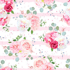 Small romantic french bouquets seamless vector striped pattern.