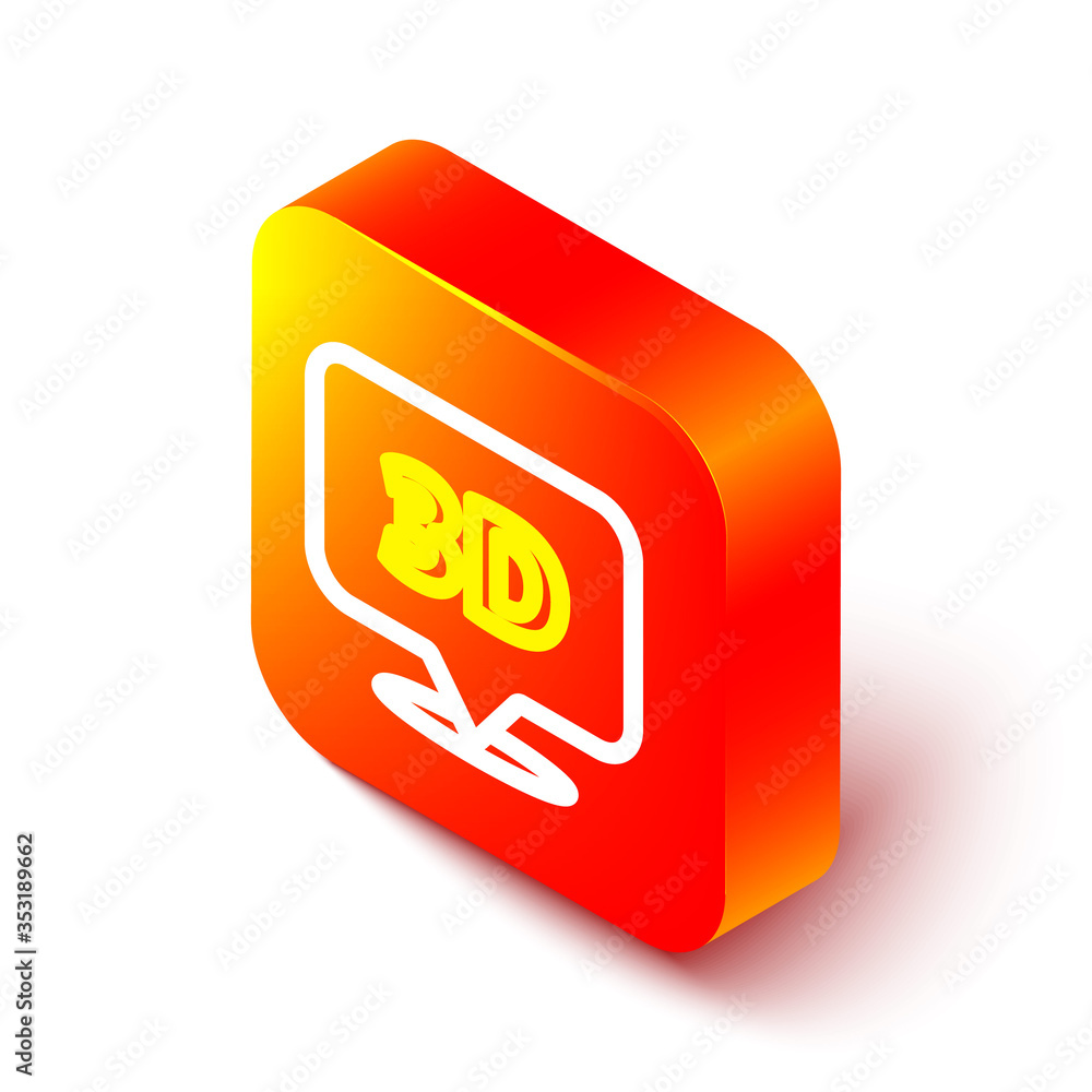 Poster isometric line speech bubble with text 3d icon isolated on white background. orange square button. v
