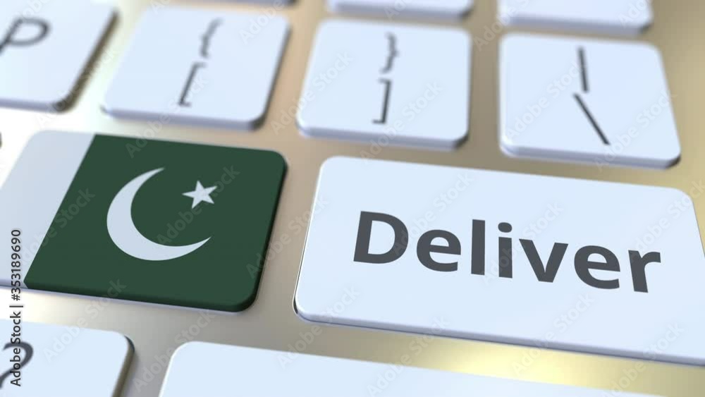 Poster deliver text and flag of pakistan on the computer keyboard. logistics related 3d animation