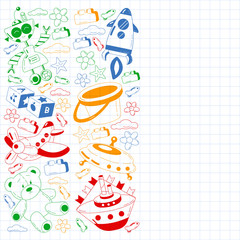 Children online education. Kindergarten vector pattern with toys.