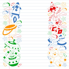Children online education. Kindergarten vector pattern with toys.