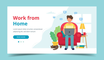 Home office concept, man working from home sitting on a chair, student or freelancer. Landing page template. Cute vector illustration in flat style