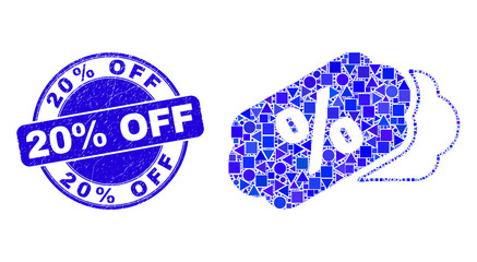 Geometric percent tags mosaic pictogram and 20% Off seal stamp. Blue vector rounded distress seal stamp with 20% Off text. Abstract collage of percent tags made of round, triangles,