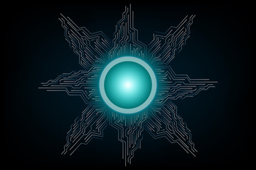 The circuit board background image, a technology with a blue glowing energy source in the center and spreading out into a eight pointed star.