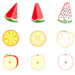 Flat fruits isolated. Food icon set on white background. Fresh natural Sweet fruit.