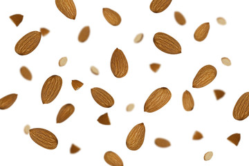 Falling almonds isolated on a white background with clipping path as package design element and advertising. Flying food