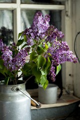 purple flowers in a can