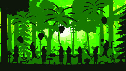 Green Tree Forest Background Vector Silhouette With Gnomes Holiday Celebrate Celebration