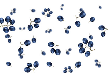 Falling blue grapes isolated on a white background with clipping path. Flying vegetables. Top view.
