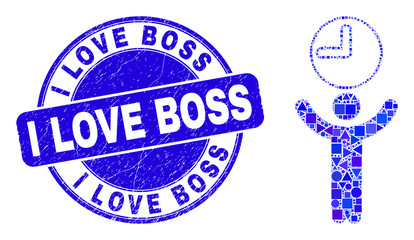 Geometric time manager mosaic pictogram and I Love Boss stamp. Blue vector round distress stamp with I Love Boss text. Abstract mosaic of time manager composed of round, tringle,