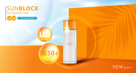 Hydrating facial sunscreen for annual sale or festival sale. orange cream mask bottle isolated on glitter particles background for product presentation. Graceful cosmetic ads, Vector illustration