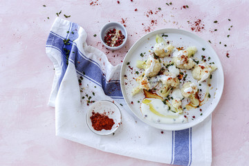 Cauliflower salad with spices and olive oil from above
