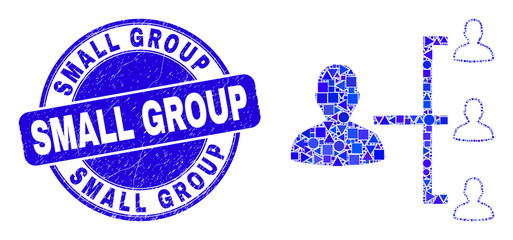 Geometric people hierarchy mosaic pictogram and Small Group seal stamp. Blue vector round textured stamp with Small Group text. Abstract mosaic of people hierarchy created of spheric, tringle,