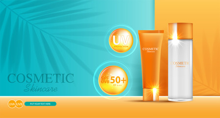 Hydrating facial sunscreen for annual sale or festival sale. orange cream mask bottle isolated on glitter particles background for product presentation. Graceful cosmetic ads, Vector illustration