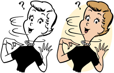 A cartoon of a woman with a surprised expression pointing at herself. 