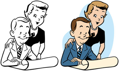 A cartoon of a married couple going over a set of plans. 