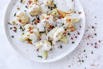 Cauliflower salad with spices and olive oil from above