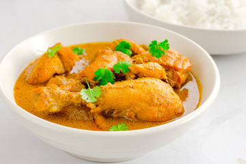 Indian Mughlai Chicken, Spicy Indian Style Chicken Curry Garnished with Cilantro, Close Up Indian Food Photo