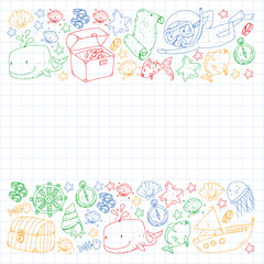 Vector set with underwater diving icons and pirate elements. Treasure chest, ship, octopus, diver. Little boys and kingergarten preschool girls summer vacation and adnventure