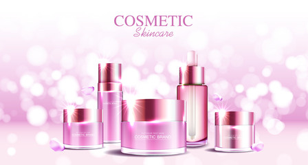 Hydrating facial rose skincare for annual sale or festival sale. silver cream mask bottle isolated on glitter particles background for product presentation. Graceful cosmetic ads, Vector illustration