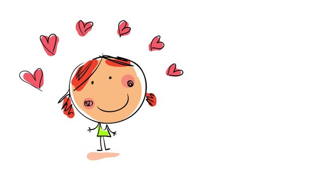 kids drawing of his crush a little girl smiling with a set of pink hearts creating a curve above her head suggesting he is in love with her in secret