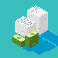 Two stacked paper,Heap of report,research,work,documents with money dollar, isometric flat 3d style