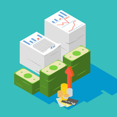 Two stacked paper,Heap of report,research,work,documents with money credit cards and coin, isometric flat 3d style