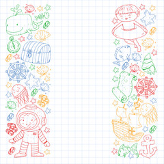 Vector set with underwater diving icons and pirate elements. Treasure chest, ship, octopus, diver. Little boys and kingergarten preschool girls summer vacation and adnventure