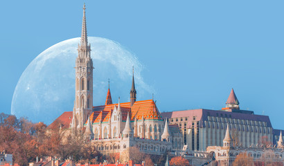 Matthias Church and Fisherman Bastion with  full moon - Budapest, Hungary  
