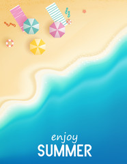 Top view summer with water play equipment placed on the beach. beach background with swim ring, sandals, umbrellas, balls, starfish and sea. vector illustration.