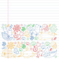 Fototapeta premium Vector set with underwater diving icons and pirate elements. Treasure chest, ship, octopus, diver. Little boys and kingergarten preschool girls summer vacation and adnventure