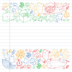 Vector set with underwater diving icons and pirate elements. Treasure chest, ship, octopus, diver. Little boys and kingergarten preschool girls summer vacation and adnventure