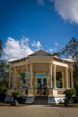 Bandstand in the center of the park, erected in 1911, still serves for weekly public concerts by...