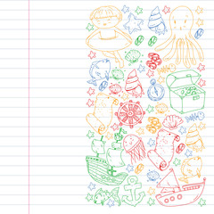 Vector set with underwater diving icons and pirate elements. Treasure chest, ship, octopus, diver. Little boys and kingergarten preschool girls summer vacation and adnventure