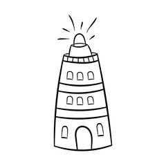 Lighthouse icon. Vector illustration in Doodle style isolated on a white background. Design for travel and summer beach holidays.