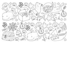 Vector set with underwater diving icons and pirate elements. Treasure chest, ship, octopus, diver. Little boys and kingergarten preschool girls summer vacation and adnventure