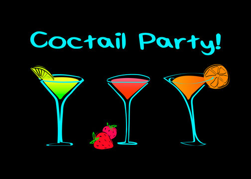 Concept three bright cocktails in martini glasses with slices of fruit on a dark background with the inscription cocktail party. Vector colorfull stock illustration in doodle style.