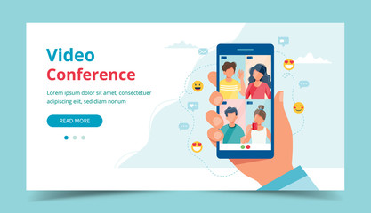 Group call with friends, video conference. Hand holding smartphone. Landing page template. Vector illustration in flat style