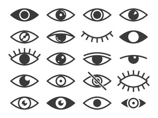 Eye icon. Medicine supervision health eyes, look and vision, sleep. Observe and eyeball lens, optical visible, pictogram vector set