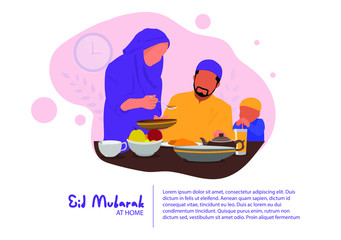 This illustration depicts a happy Muslim family having dinner at a table in the evening. Wife take care of her husband. Concept for eid mubarak, iftar, ramadan, eid al adha.