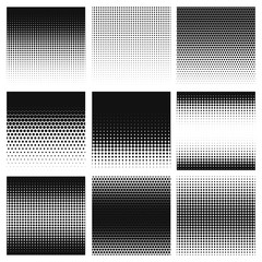 Halftone. Gradient halftone dots graphic, digital technology pattern. Grayscale perforated monochrome honeycomb texture template vector set