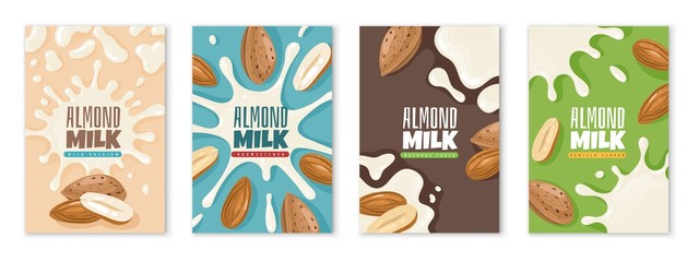 Almond milk. Dairies package design template, diet product advertising, protein milk healthy breakfast food, calcium drink vector labels - obrazy, fototapety, plakaty