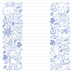 Vector set with underwater diving icons and pirate elements. Treasure chest, ship, octopus, diver. Little boys and kingergarten preschool girls summer vacation and adnventure