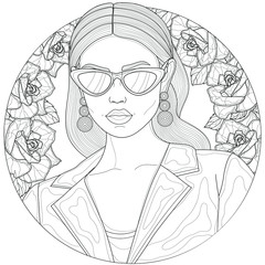 Girl in a jacket and glasses. With earrings in the ears.
Roses on the background.Coloring book antistress for children and adults. Illustration isolated on white background.Zen-tangle style.